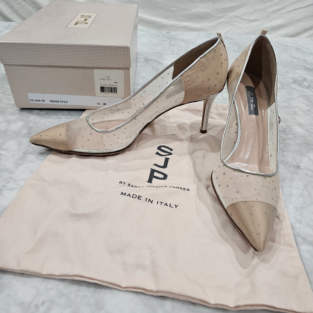 SJP Sarah Jessica Parker Nude Mesh‎ Crystal Mid Height Pointed Heels size 40